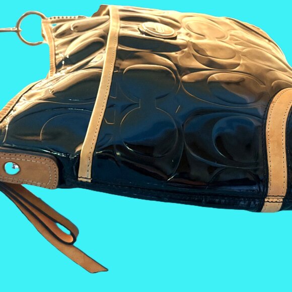 Vintage Coach Peyton Black Patent-Leather Shoulder Bag Tan Leather Trim - Picture 9 of 12